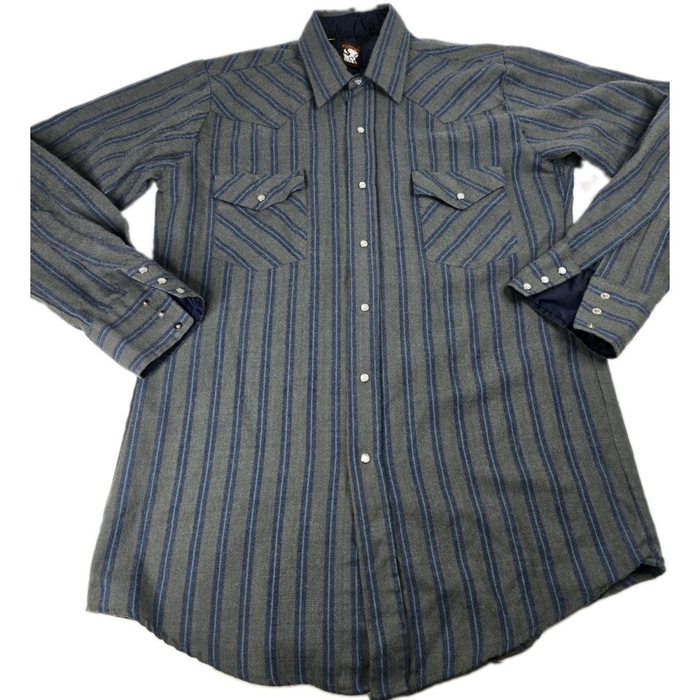 Vintage Karman Mens Western Pearl Snap Shirt Gray Blue Striped Long Sleeve VTG